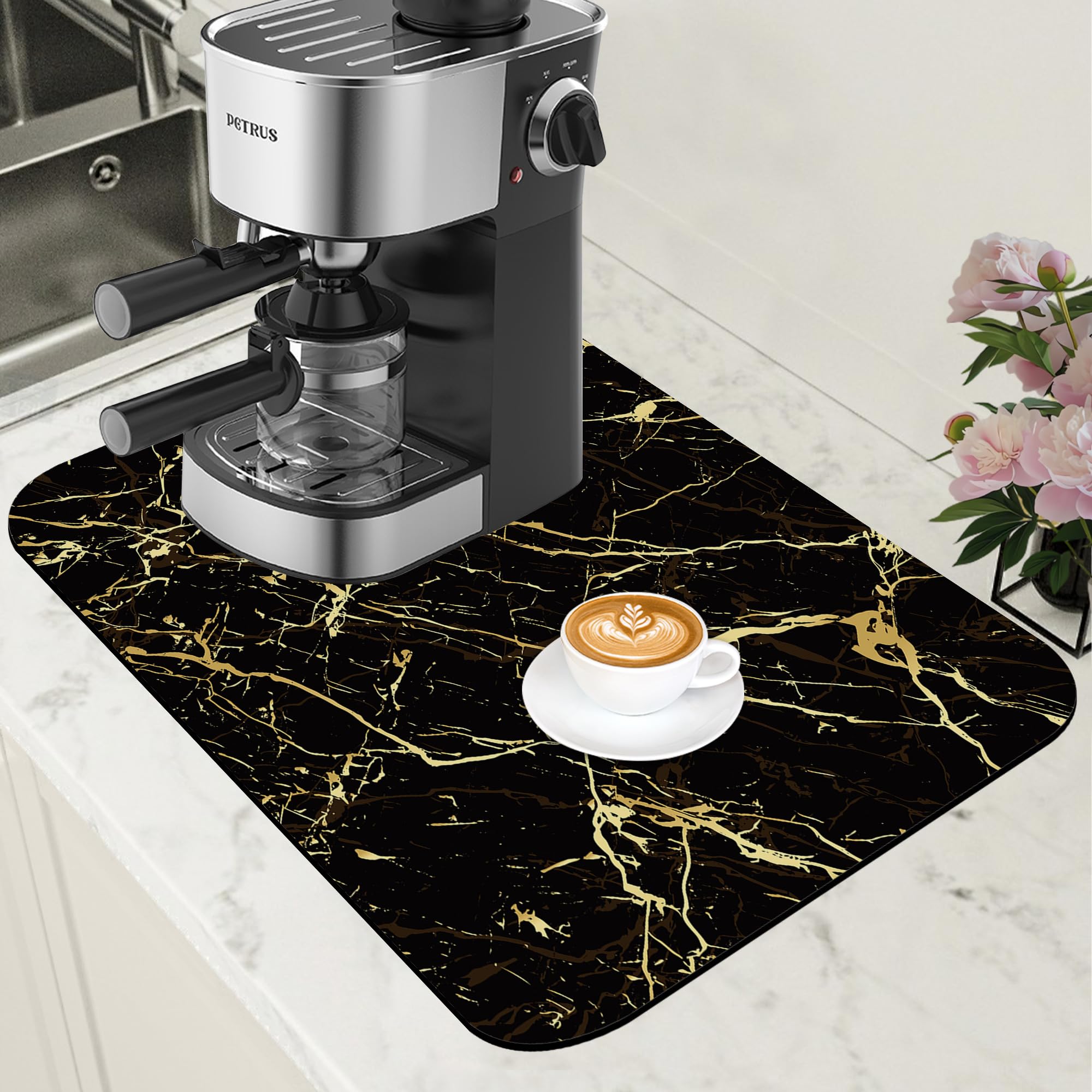 Mat Black and Gold Marble Coffee Bar Mat for Countertop