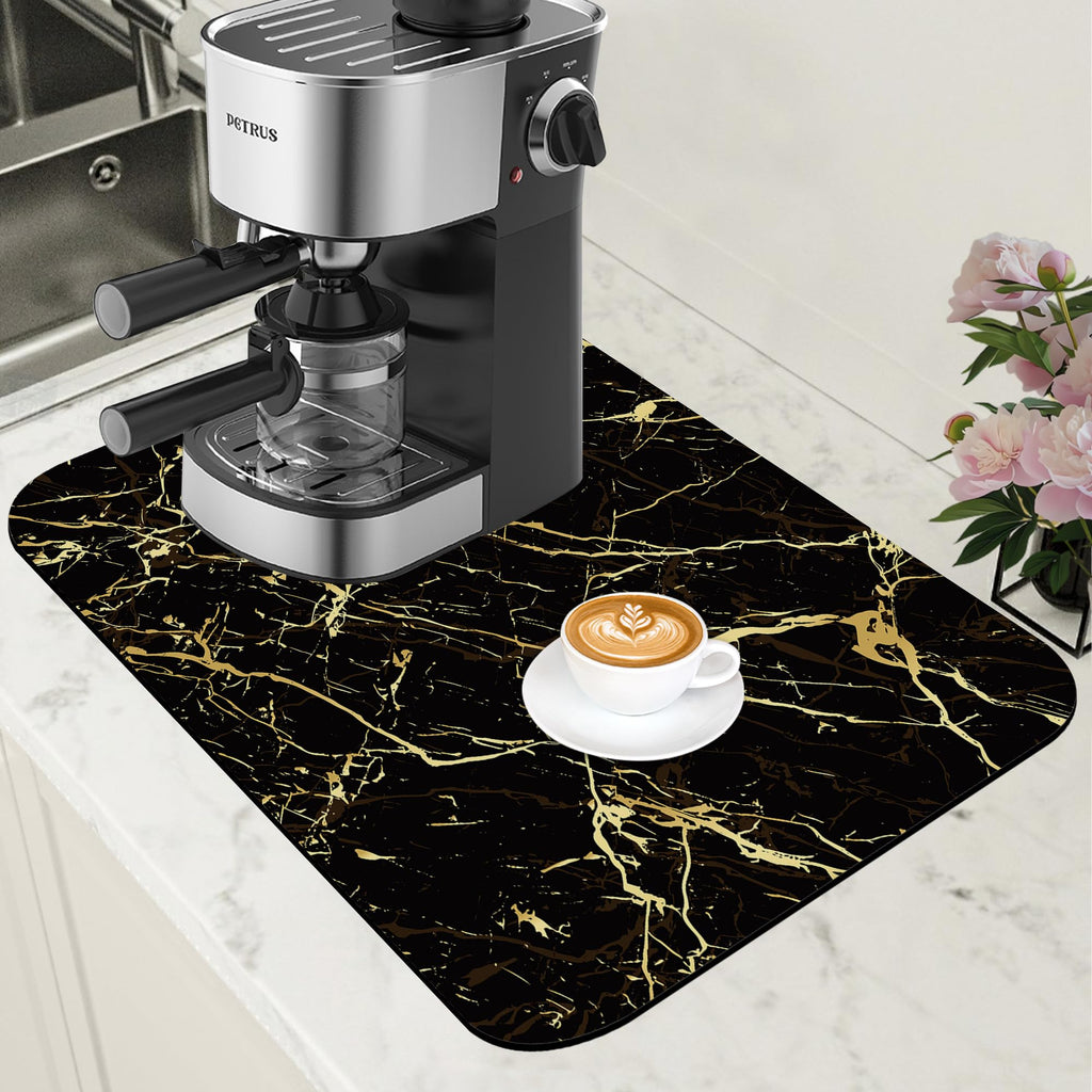 Mat Black and Gold Marble Coffee Bar Mat for Countertop